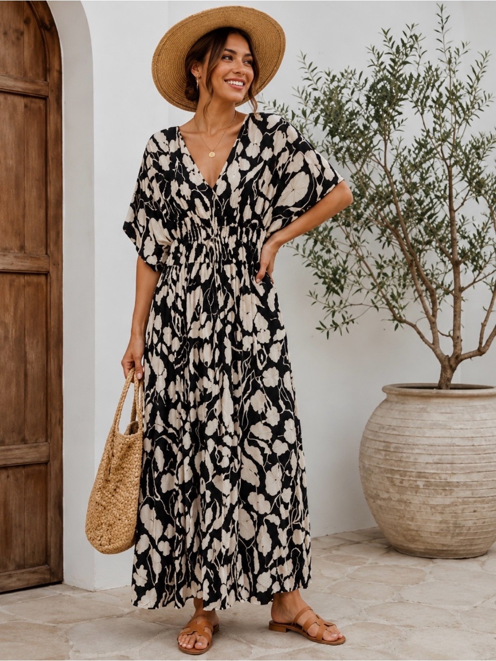 World Market La Paz Black and Ivory Floral Medallion  Maxi Dress  Size L/XL